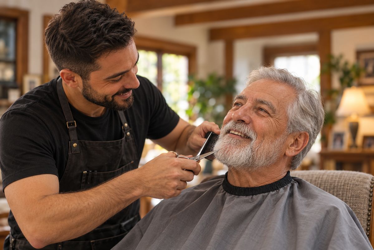 A smiling older man in a cape gets a trim from a barber in a comfortable living room.