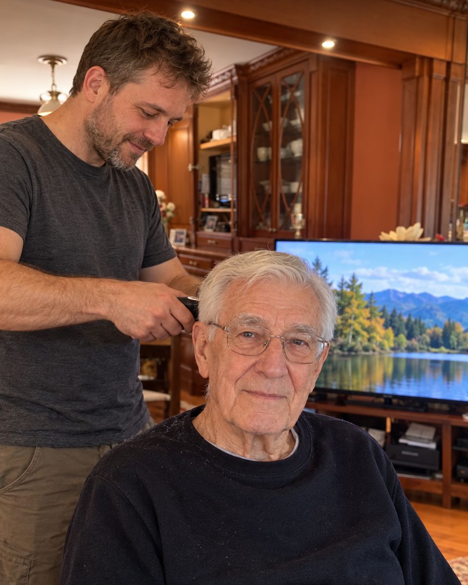 A barber uses clippers on an older man's hair in his living room.